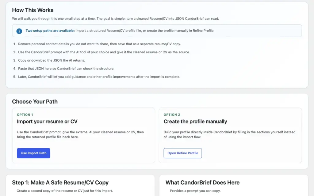 The Start Profile screen showing How This Works and Choose Your Path, with two options: import your resume or CV, or create the profile manually.