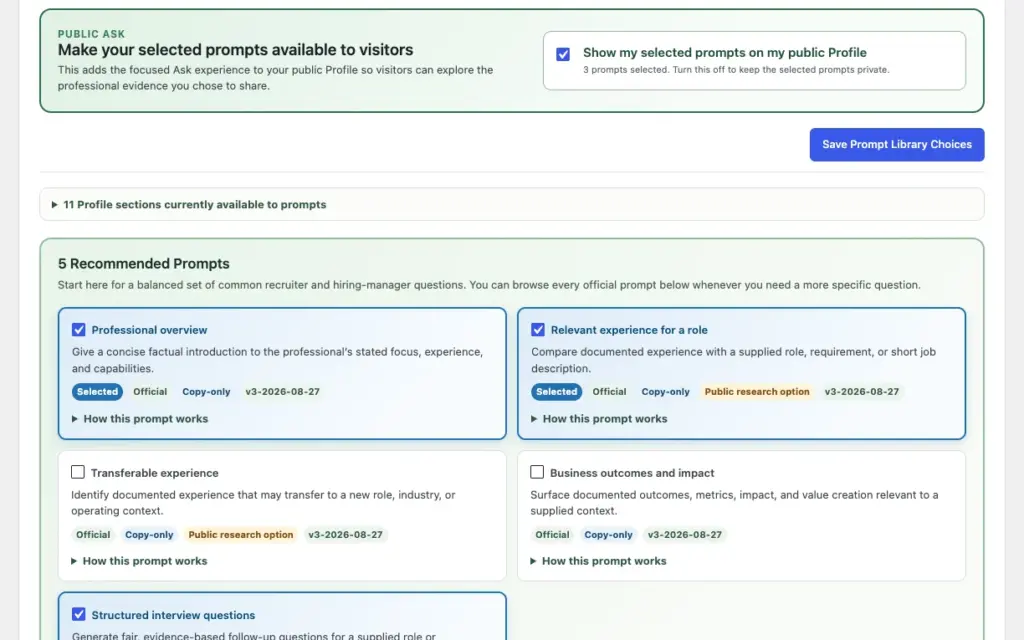 The Prompt Library screen with a switch to make selected prompts available to visitors, and prompt cards such as Professional overview and Relevant experience for a role, tagged Official and Copy-only.