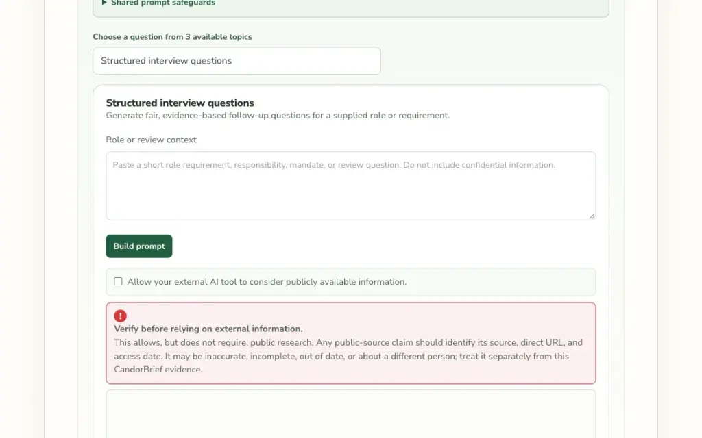 A prompt on Mara Voss's CandorBrief, Structured interview questions, with a box where a visitor adds the role context and a Build prompt button.
