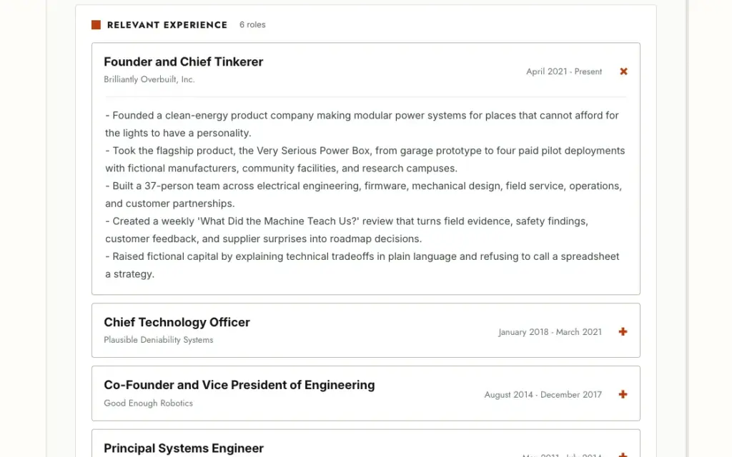 A CandorBrief showing Relevant experience with the first role, Founder and Chief Tinkerer, expanded to list its highlights.