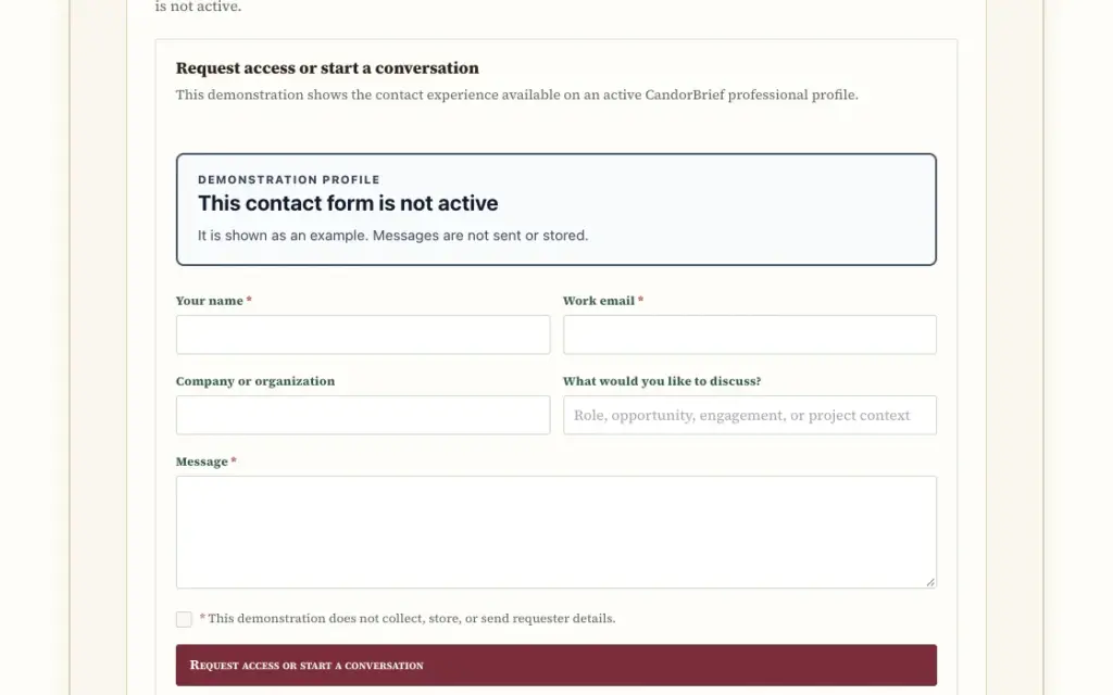 The Request access or start a conversation form on Milo Sparks's Preview Plus Request example, shown as a demonstration with a banner stating that the form is not active.