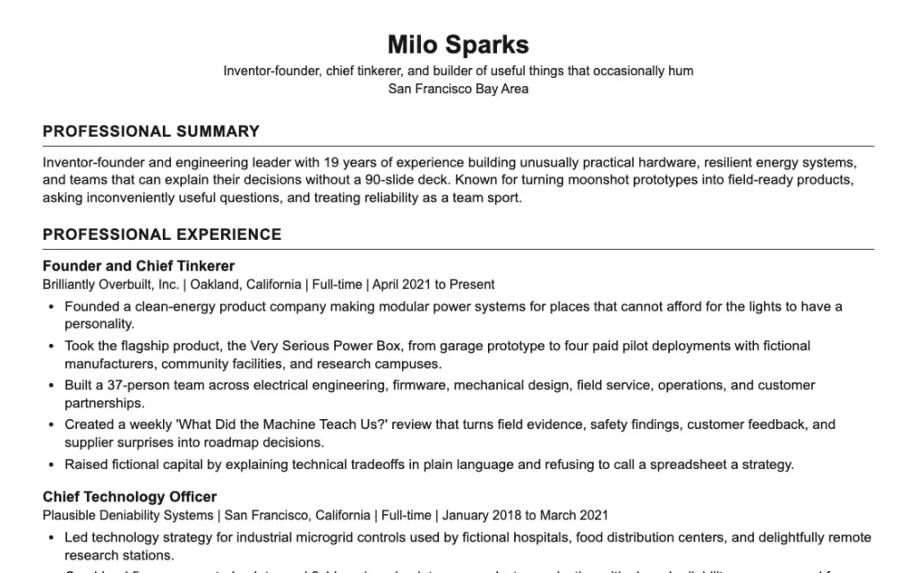 The top of Milo Sparks's plain, ATS-friendly Resume/CV, a fictional example, with a summary and the start of his experience.