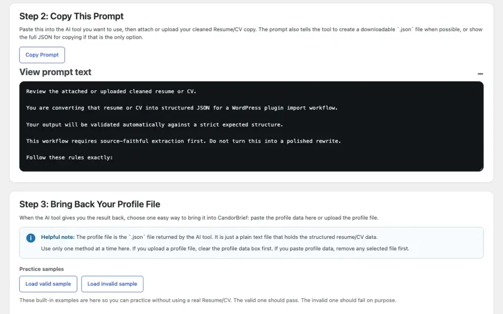 The CandorBrief Import screen showing Step 2, Copy This Prompt, with a Copy Prompt button and the prompt text visible, followed by Step 3, Bring Back Your Profile File.