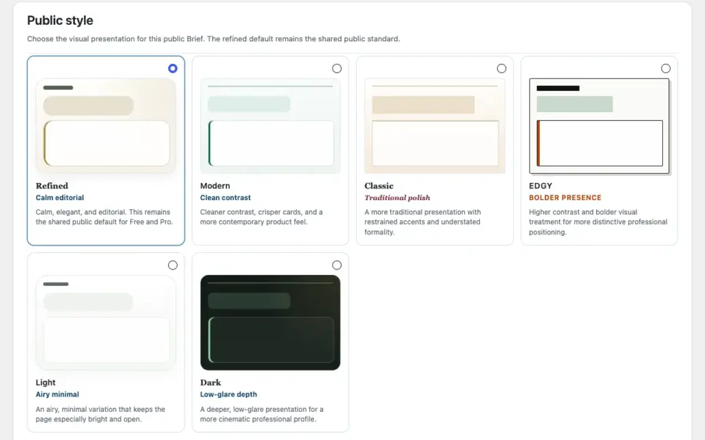 The Public style picker showing six styles: Refined, which is selected, then Modern, Classic, Edgy, Light, and Dark.