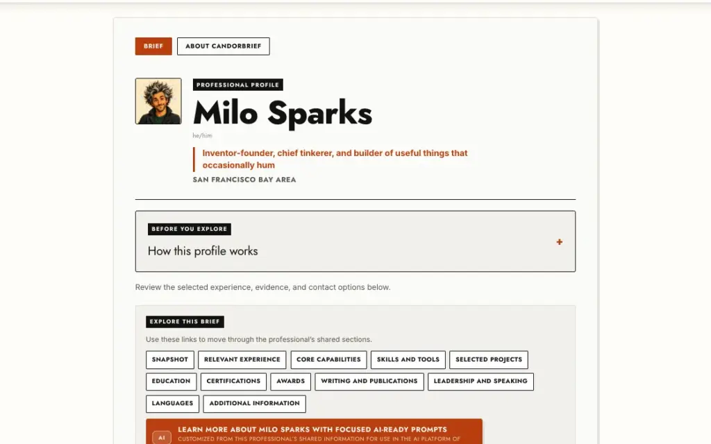 The published CandorBrief for Milo Sparks, a fictional example, showing his name, headline, and location, a collapsed How this profile works panel, and links to each shared section such as Relevant experience, Core capabilities, and Education.