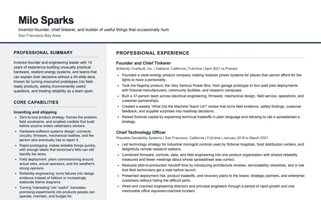 Milo Sparks's Resume/CV in a two-column layout, showing his summary, core capabilities, and the start of his professional experience. Milo is a fictional example.