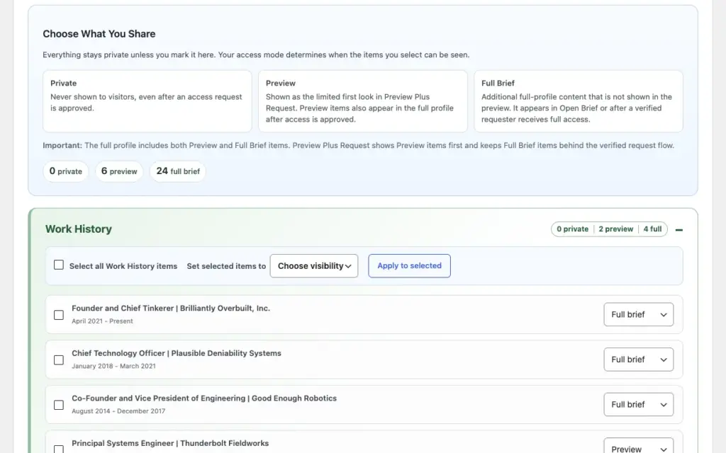 The Visibility and Sharing tab, Choose What You Share, explaining Private, Preview, and Full Brief, with totals of 0 private, 6 preview, and 24 full brief and Work History items set to Full brief or Preview.