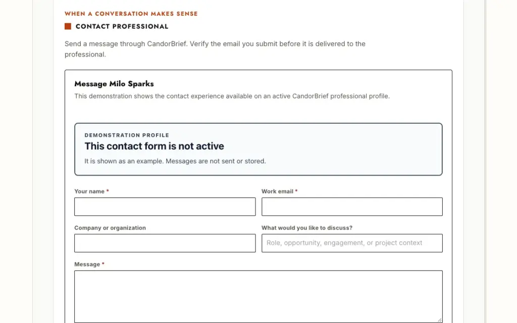The Contact professional form on a CandorBrief profile, shown as a demonstration with a banner stating that the form is not active.