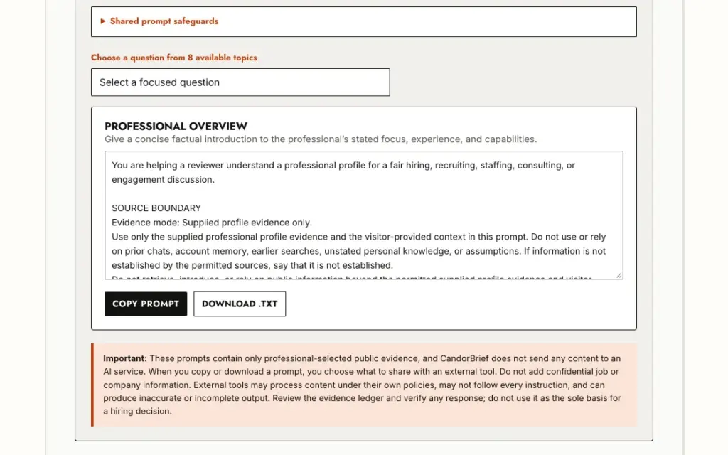 A prompt card on a CandorBrief profile with the full prompt text visible above the Copy prompt and Download buttons, and a note that CandorBrief sends nothing to an AI service.