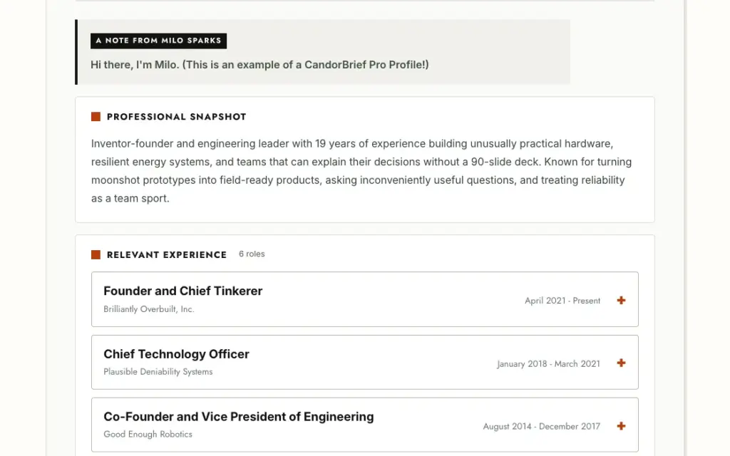 A public CandorBrief for Milo Sparks, a fictional example, showing a professional snapshot and a list of relevant experience roles.